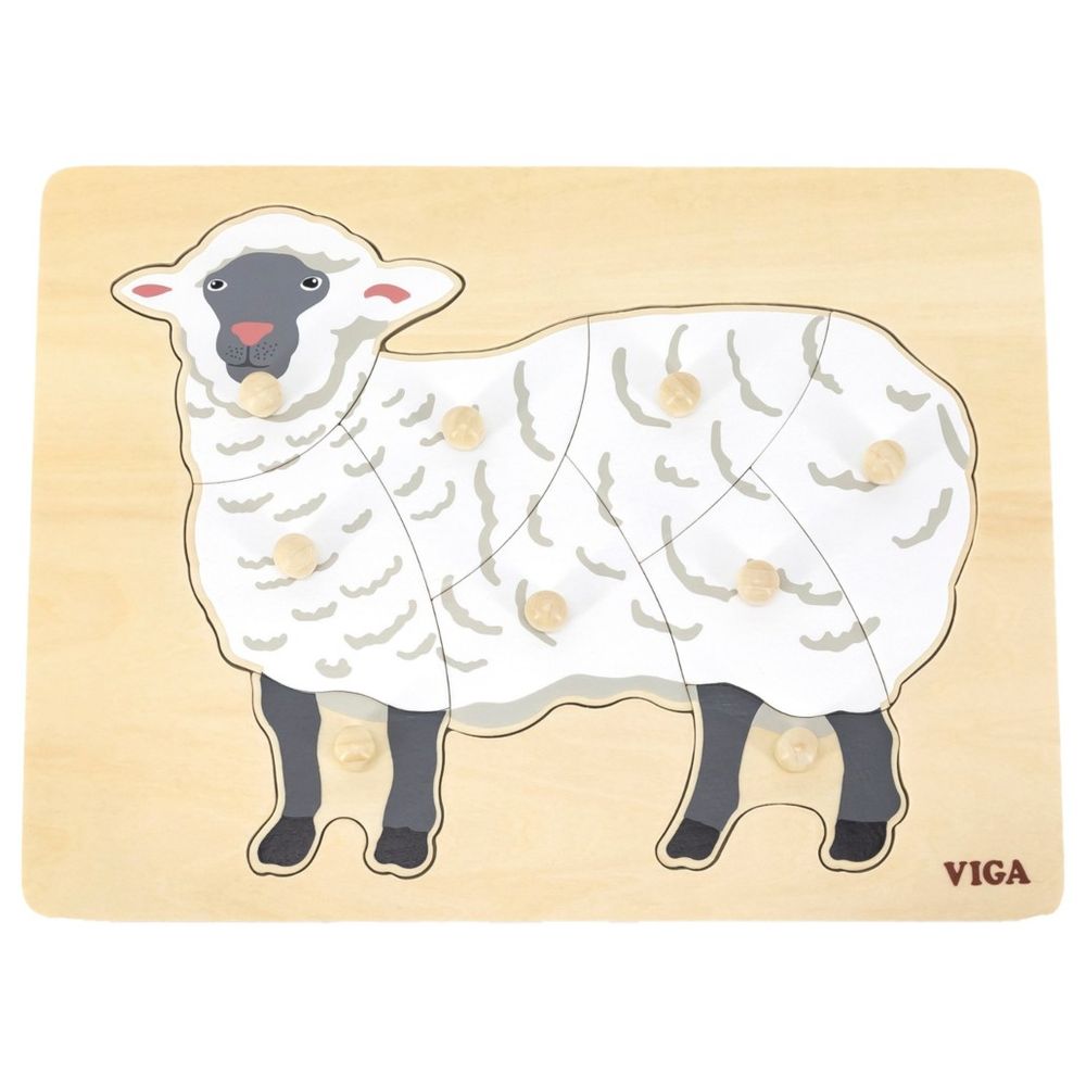 Viga - Sheep Farm Animals - 9pcs Knob Puzzle Montessori Wooden Toy Develops Skills