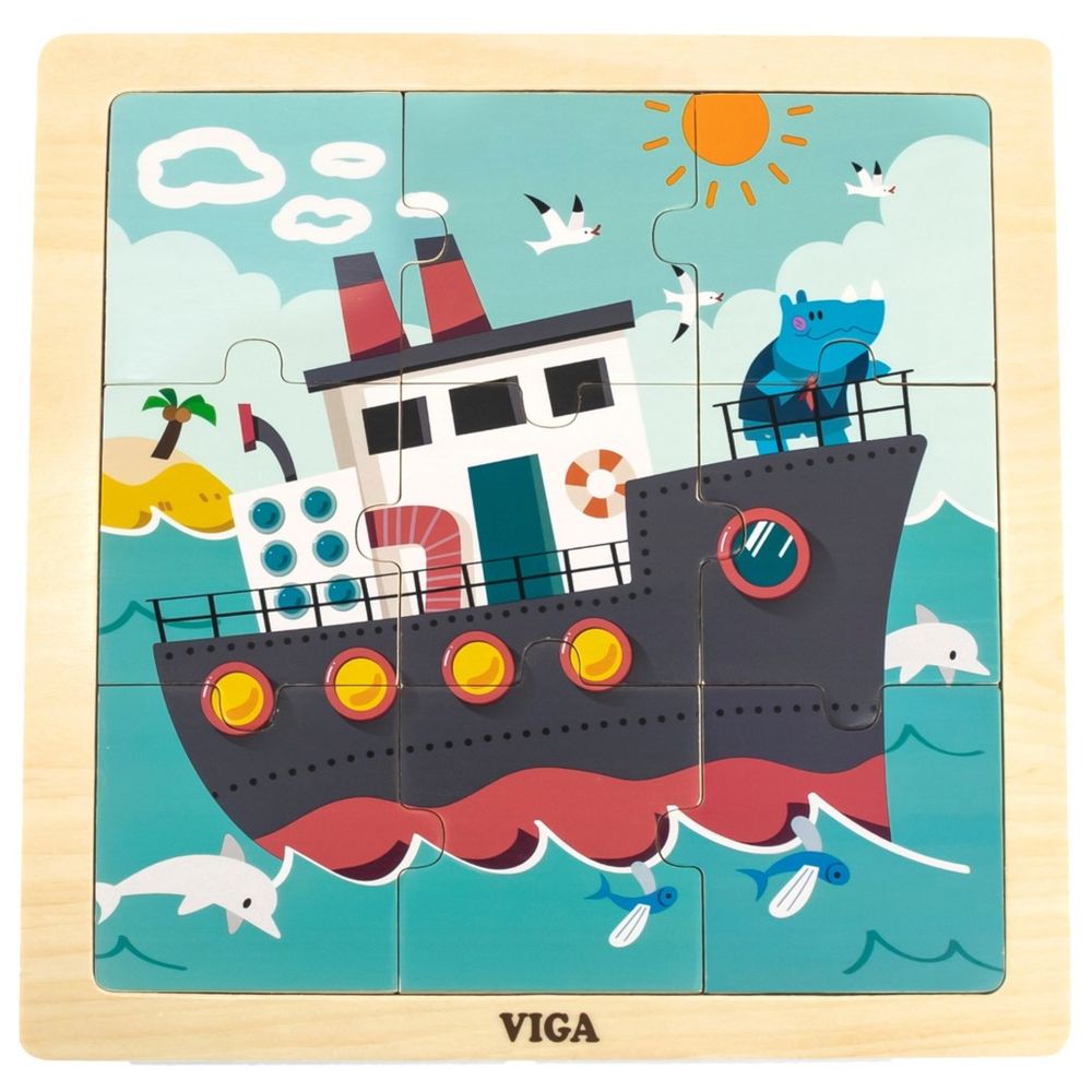 Viga - Rhino on a Ship Jigsaw Puzzle - 9pcs - Montessori Wooden Toy