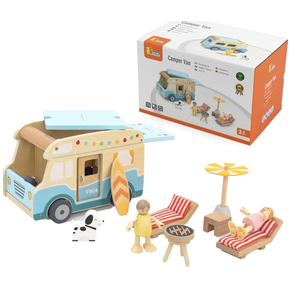 Viga - Wooden Camper Van Playset - 12pcs Montessori-Inspired Beach-Themed Vehicle Toy