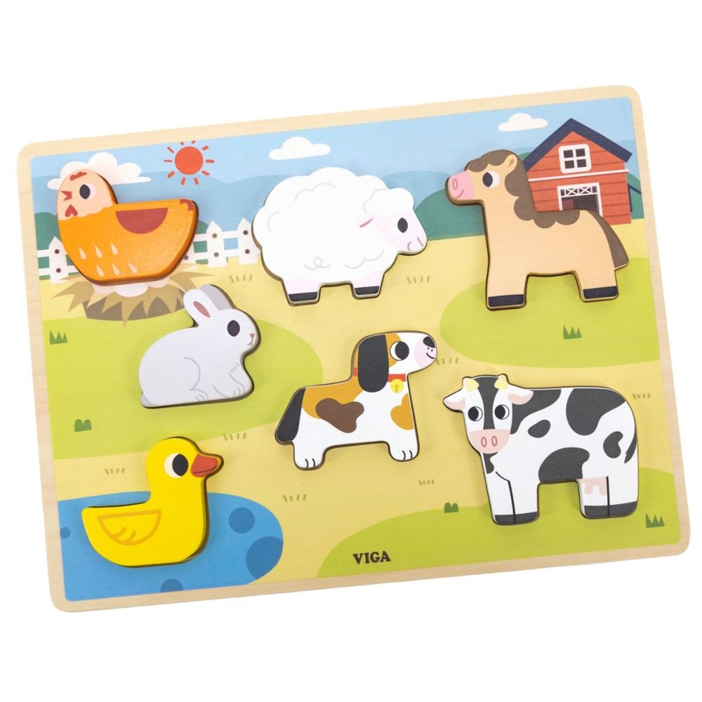 فيجا - أحجية مكعبات حيوانات المزرعة - 7 قطع - لعبة مونتيسوري خشبية