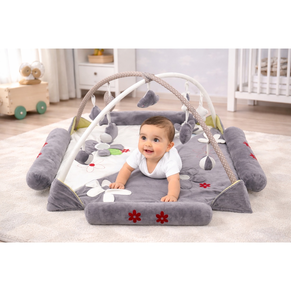 Little Learners - 2-In-1 Baby Play Mat And Activity Gym With 9 Toys - Grey