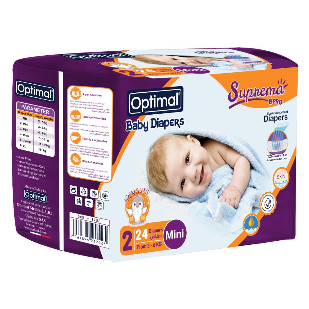 أوبتيمال - حفاضات أطفال - ميني - 3-6 كلغ - حجم2 - 24 حفاض