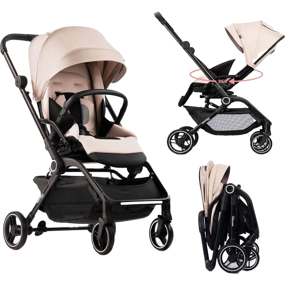 هاميلتون - عربية أطفال خفيفة الوزن تي1 قابلة للطي مع مقعد دوار 360 درجة - كاكي