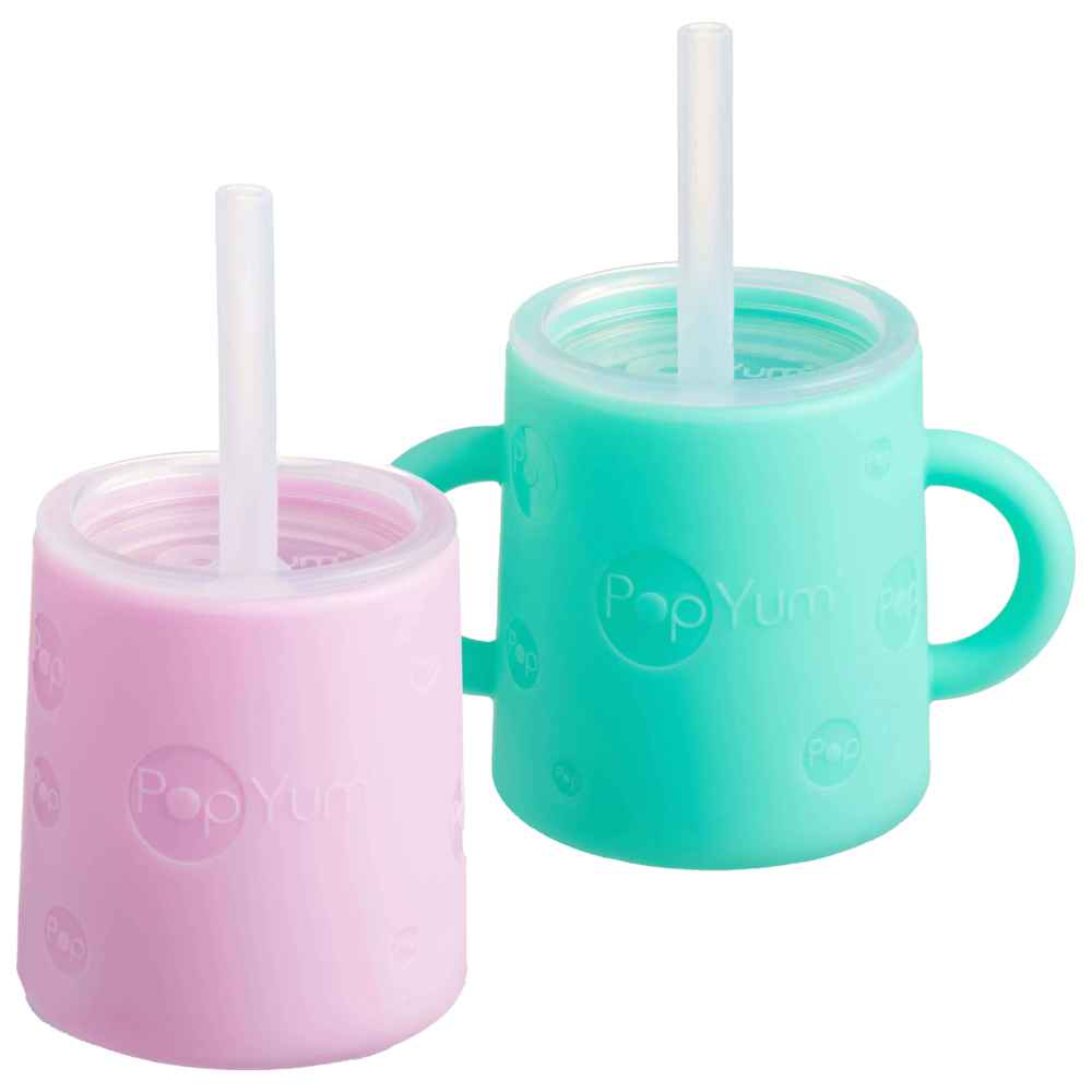 PopYum - Silicone Training Cup w/ Straw & Lid - Green/Pink - 2 Pcs