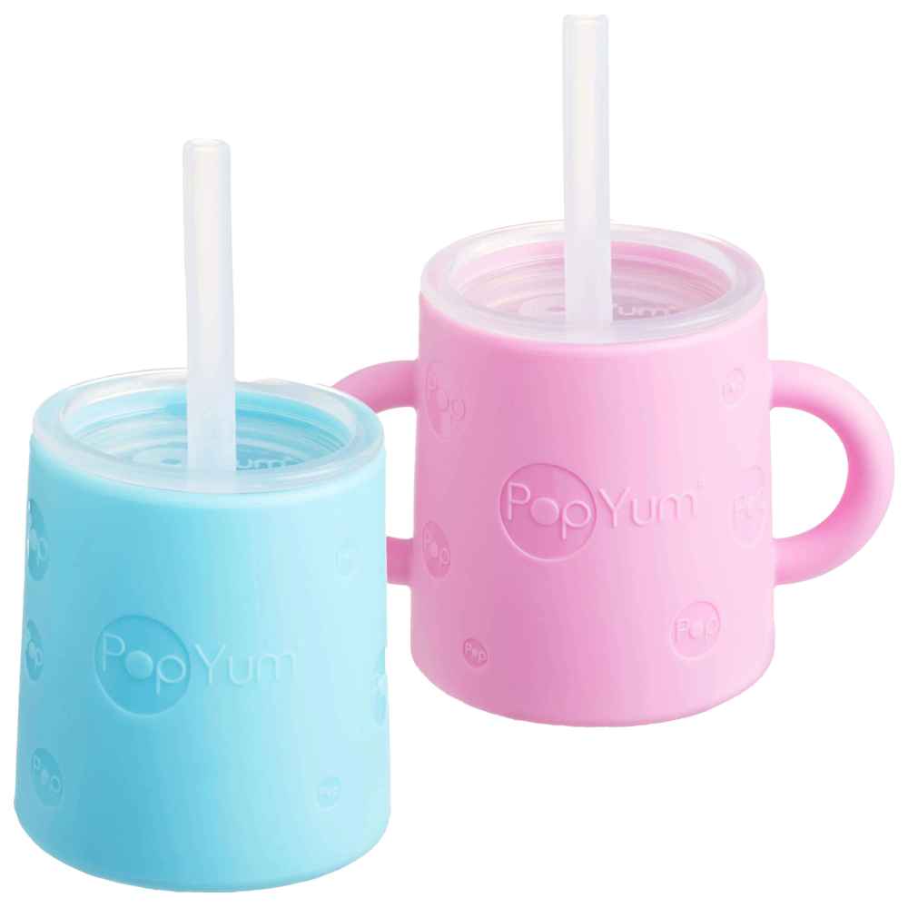 PopYum - Silicone Training Cup w/ Straw & Lid - Blue/Pink - 2 Pcs