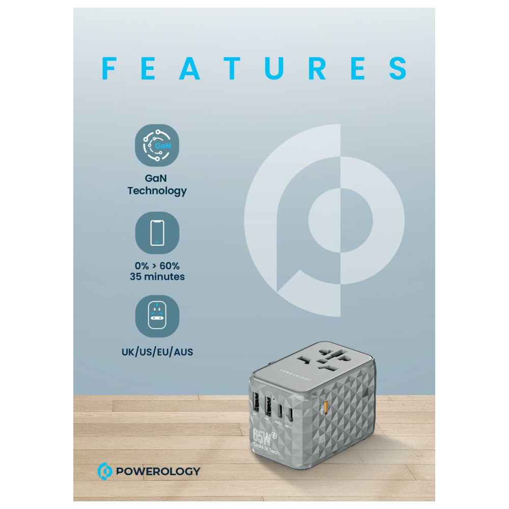 باورولوجي - محول سفر عالمي متعدد المنافذ بي دي مع ثلاثة مخارج يو أس بي-سي - رمادي - 65 واط