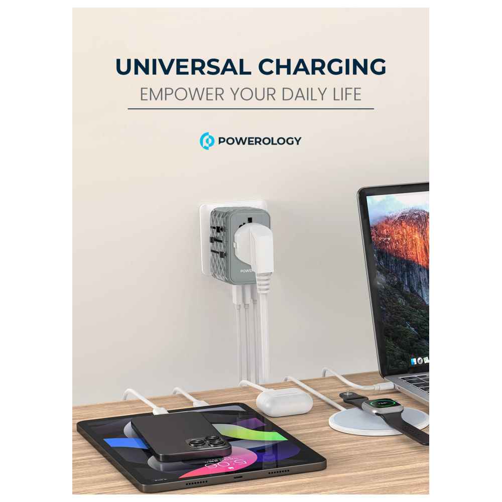 باورولوجي - محول سفر عالمي متعدد المنافذ بي دي مع ثلاثة مخارج يو أس بي-سي - رمادي - 65 واط