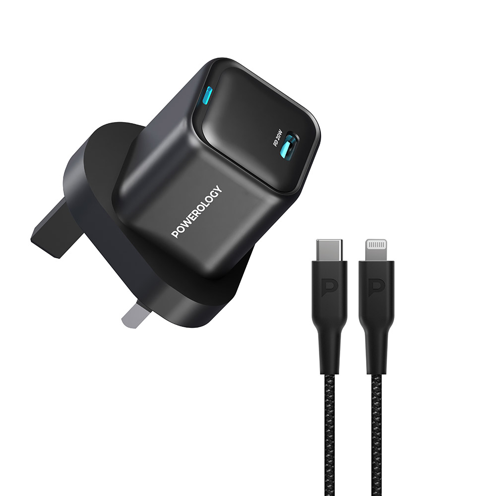 باورولوجي - شاحن جان فائق الصغر مع كابل يو إس بي-سي إلى لايتنينج - أسود - 20 واط