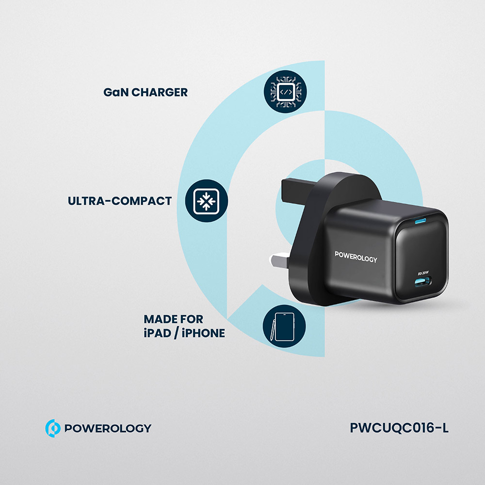 باورولوجي - شاحن جان فائق الصغر مع كابل يو إس بي-سي إلى لايتنينج - أسود - 20 واط