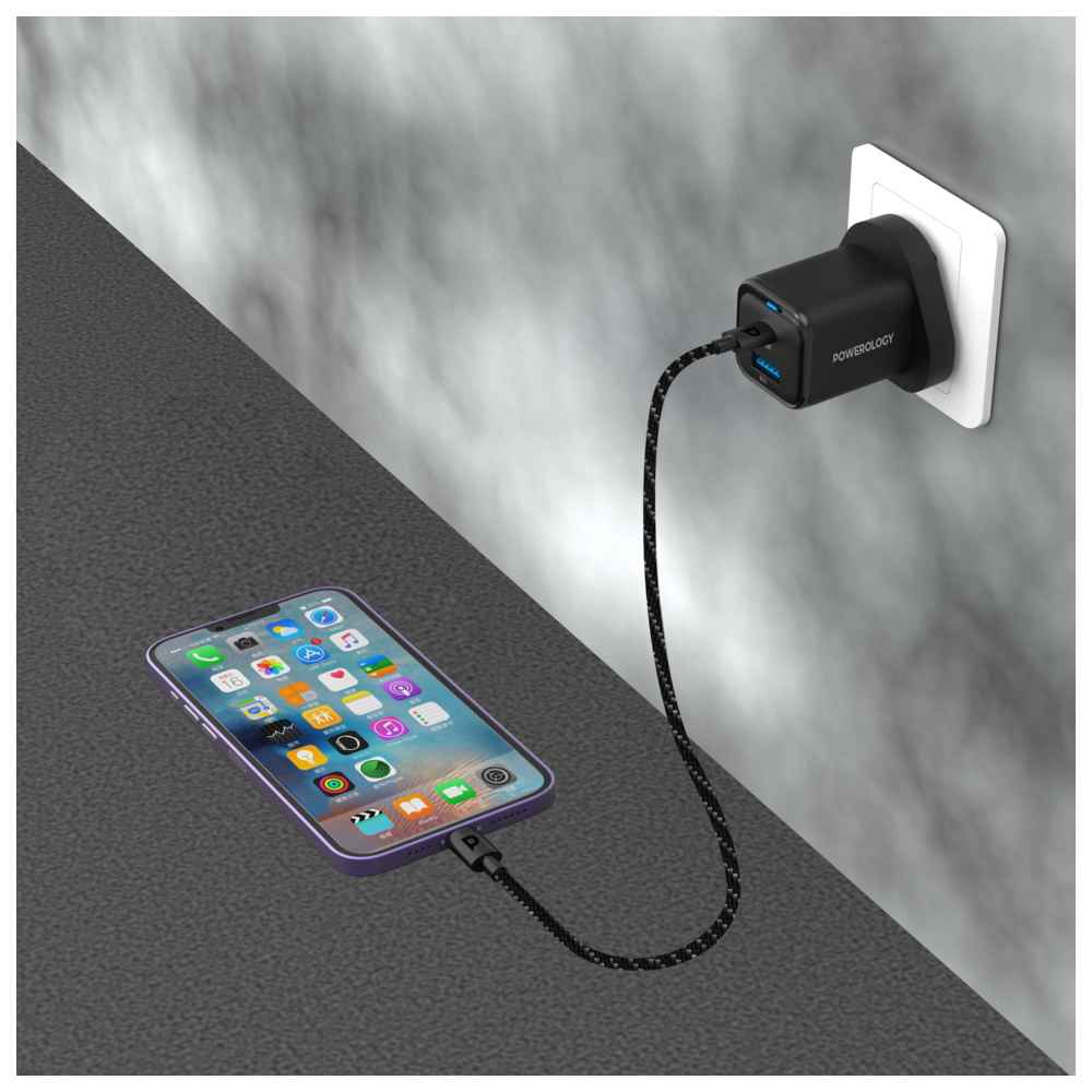 باورولوجي - شاحن فائق الصغر سريع مع كابل مضفر من يو إس بي-سي إلى لايتنينج - أسود - 35 واط