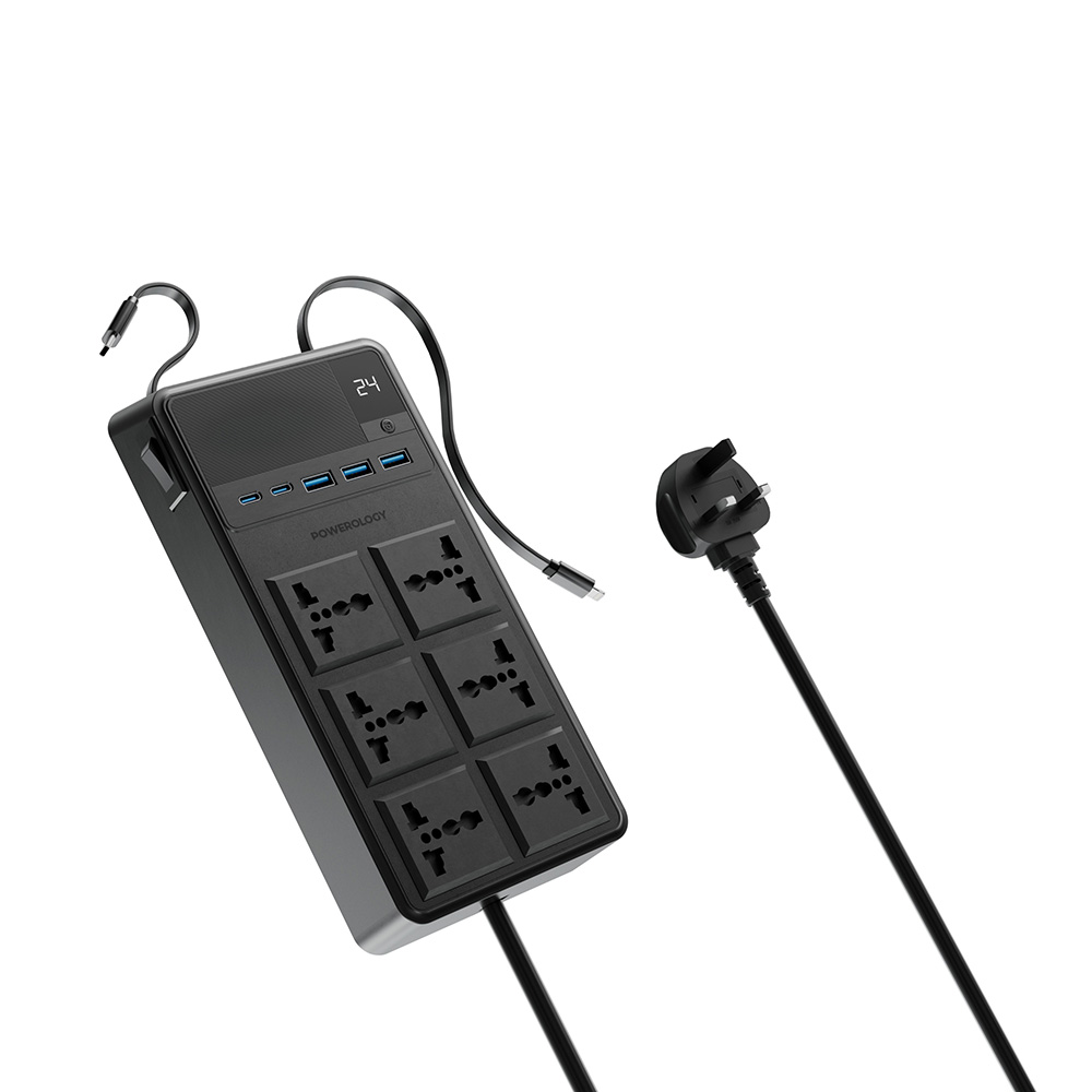 Powerology - 6 AC Socket Power Strip With 5 USB Ports - Black - 2500 W