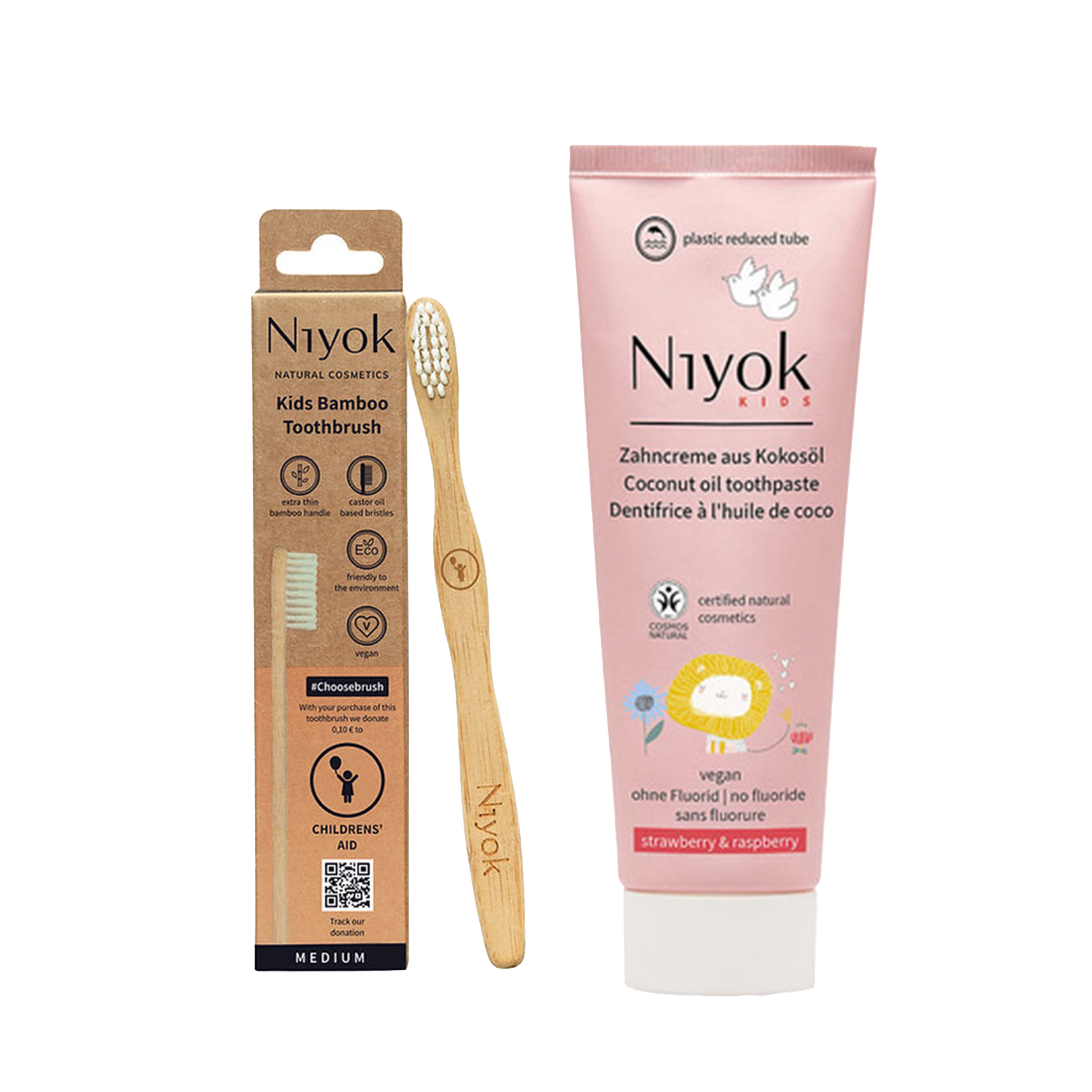 Niyok - Kids Bamboo Toothbrush & Toothpaste - Coconut Oil/Strawberry/Raspberry - 75 ml