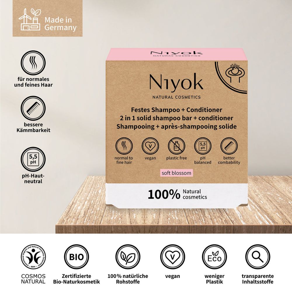 Niyok - 2-In-1 Solid Shampoo Bar & Conditioner - Soft Blossom - 80 gm