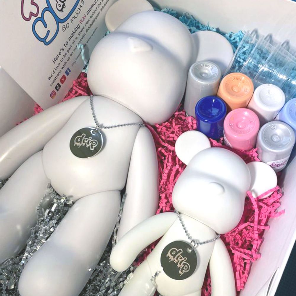 Dubai Drip Art - DIY Fluid Paint Bear Complete Kit - 23 cm - White, Light-Blue, Dark-Purple
