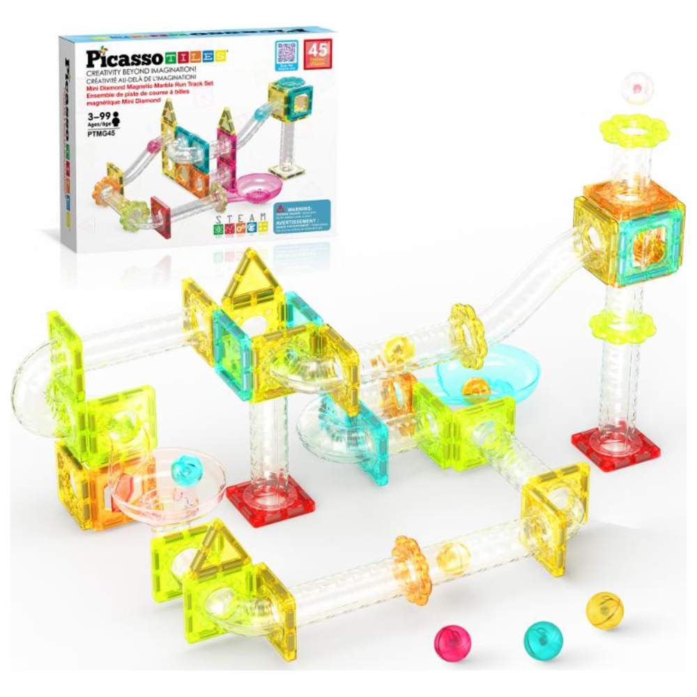 Picasso Tiles - Magnetic Mini Diamond Marble Run Track Building Set - 45 Pcs
