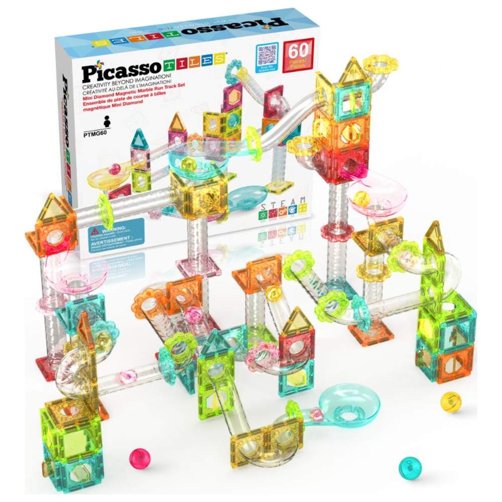 Picasso Tiles - Magnetic Mini Diamond Marble Run Track Building Set - 60 Pcs