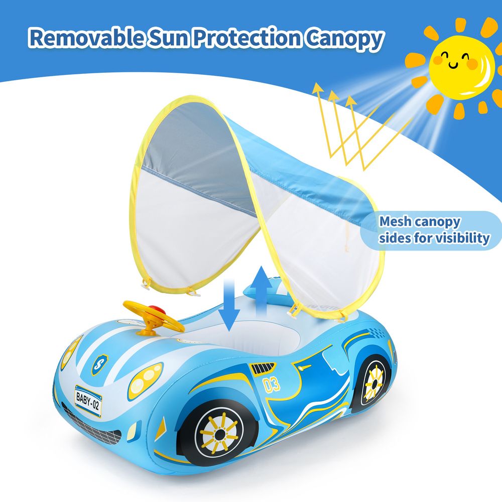 Swimbobo - Baby Swimming Float Inflatable With Sun Protection Canopy - Blue Car