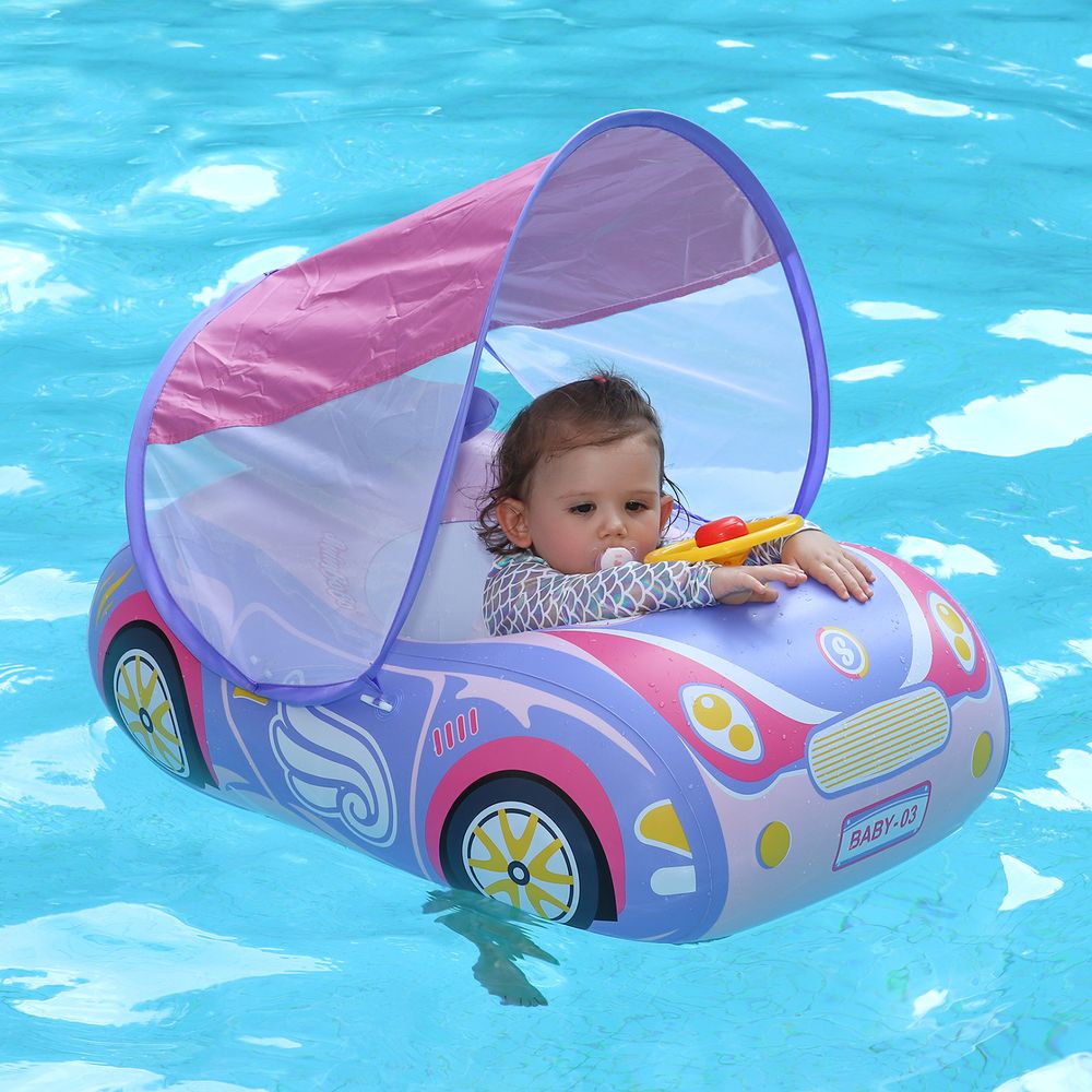 Swimbobo - Baby Swimming Float Inflatable With Sun Protection Canopy - Purple Car