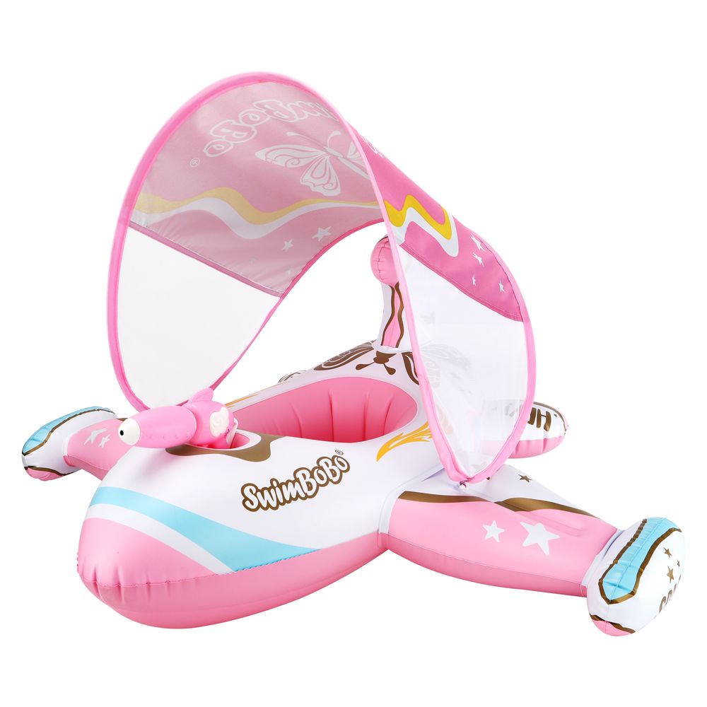 Swimbobo - Baby Swimming Float Inflatable With Sun Protection Canopy - Pink Airplane