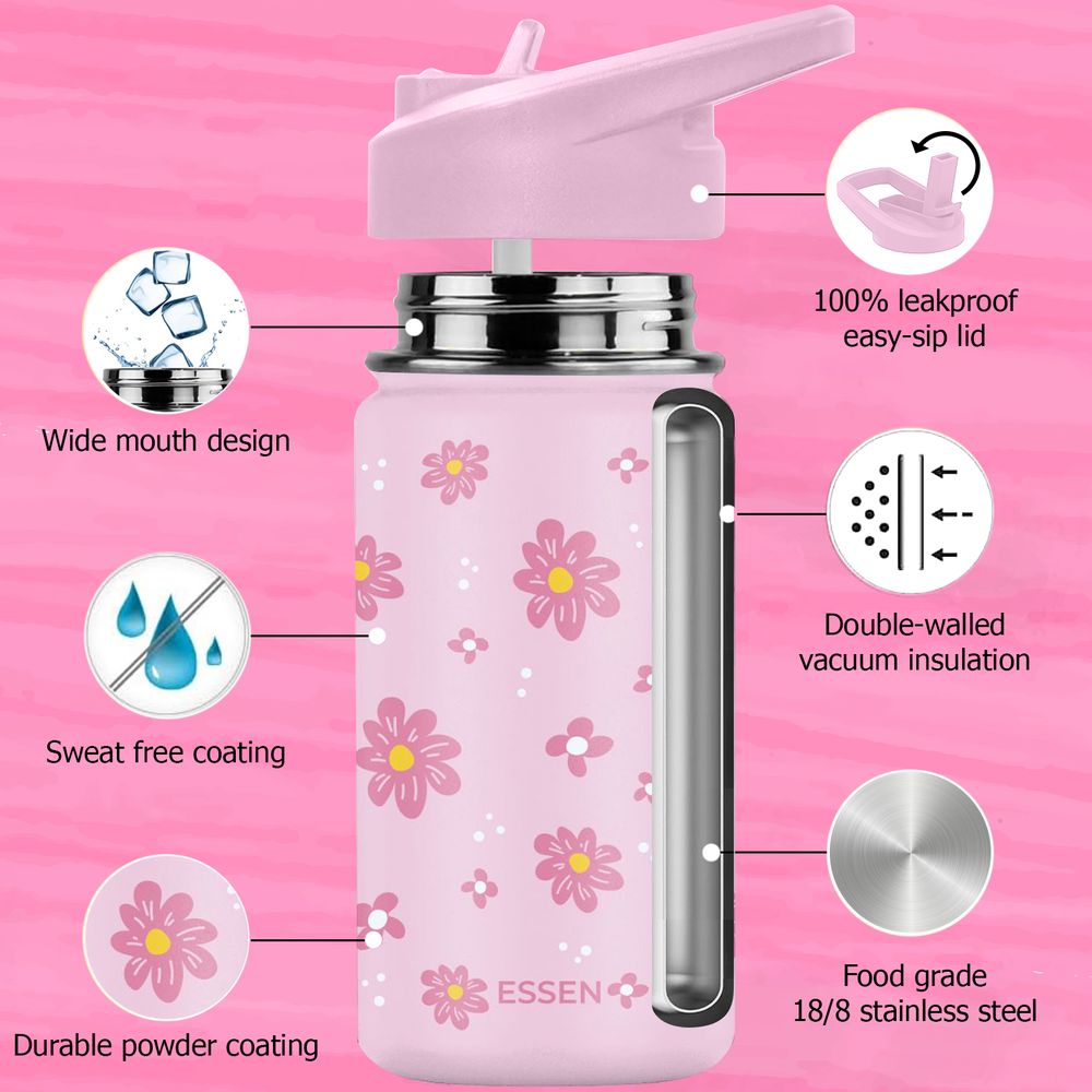 إيسن - طقم زمزمية مياه ستانلس ستيل، شفاطات، وفرشاة تنظيف - زهرة - 414 مل