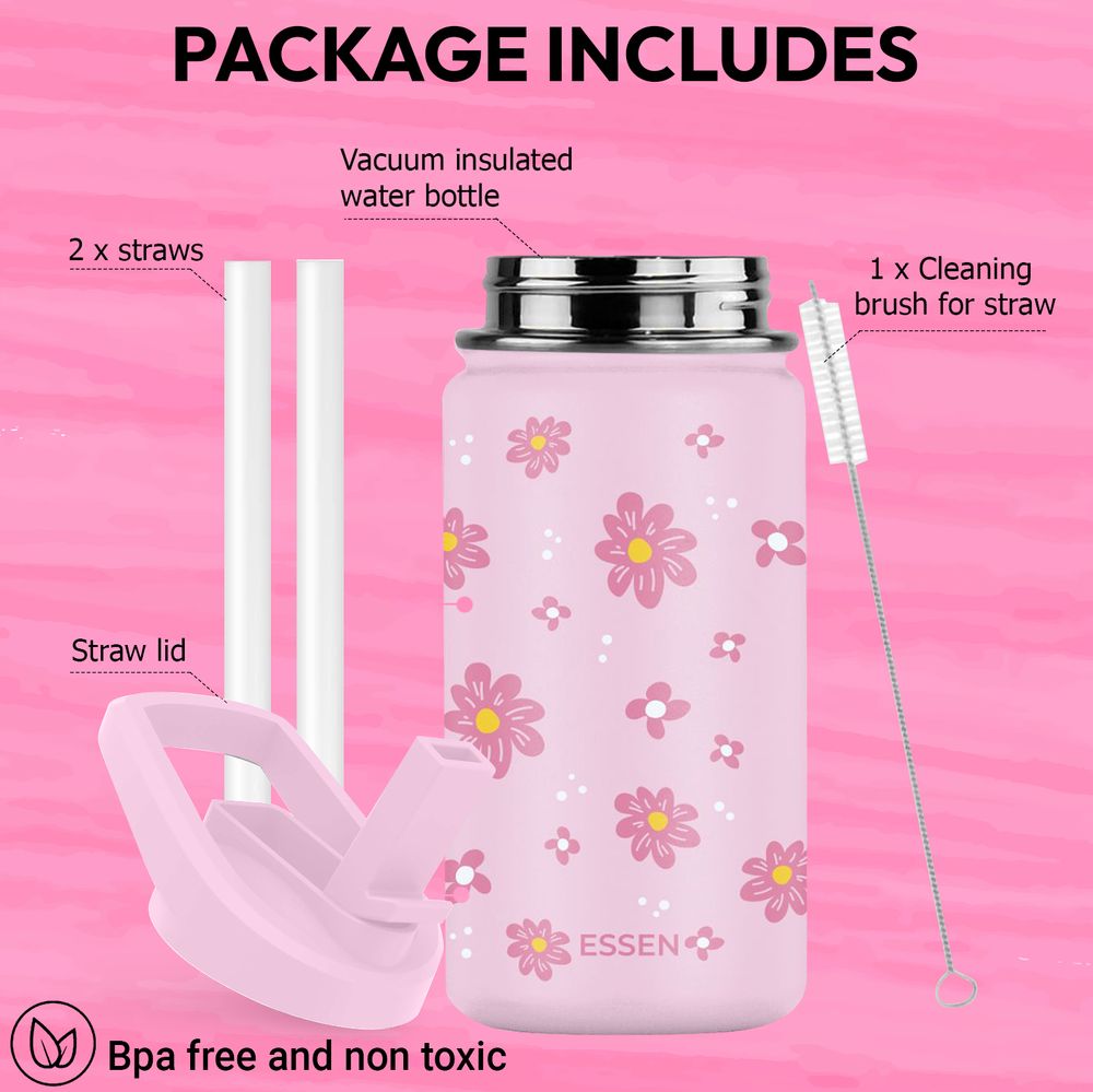 Essen - Stainless Steel Water Bottle, Straws & Cleaning Brush Set - Flower - 414ml