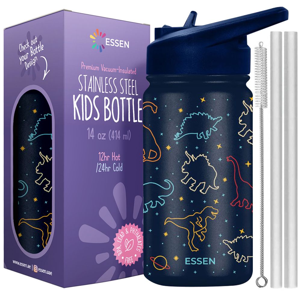 Essen - Stainless Steel Water Bottle, Straws & Cleaning Brush Set - Dinosaur - 414ml