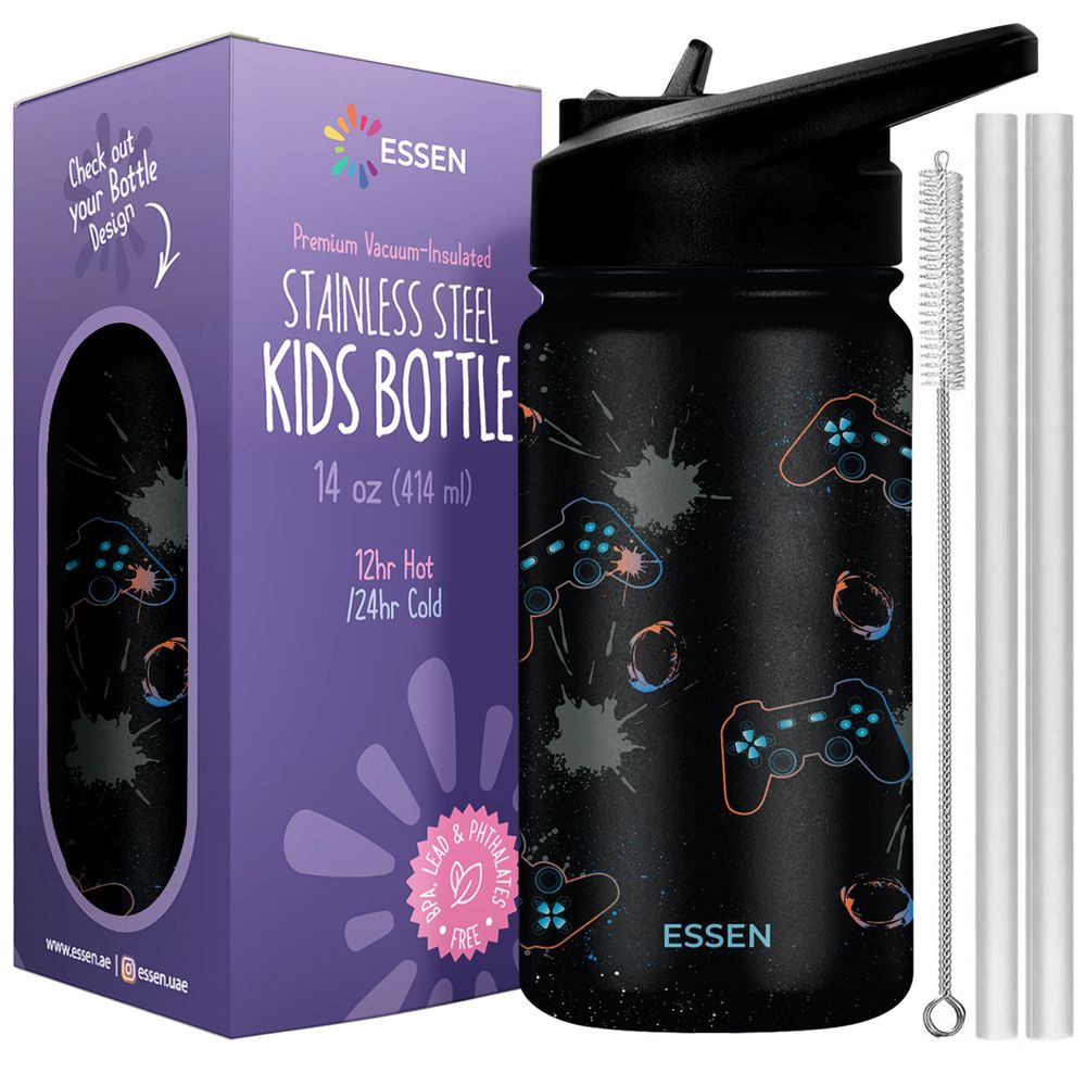 إيسن - مجموعة زمزمية مياه ستانلس ستيل، ماصات، وفرشاة تنظيف - بلاي ستيشن - 414 مل