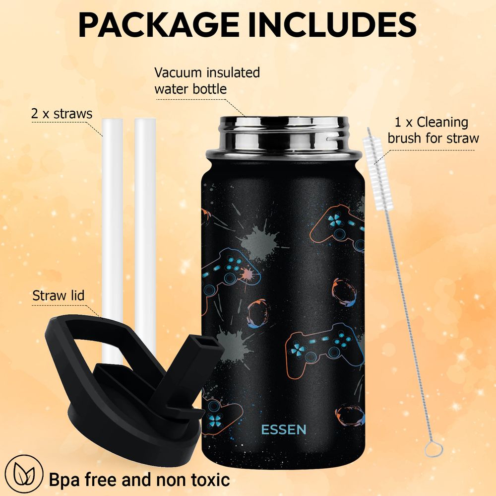 Essen - Stainless Steel Water Bottle, Straws & Cleaning Brush Set - PlayStation - 414ml