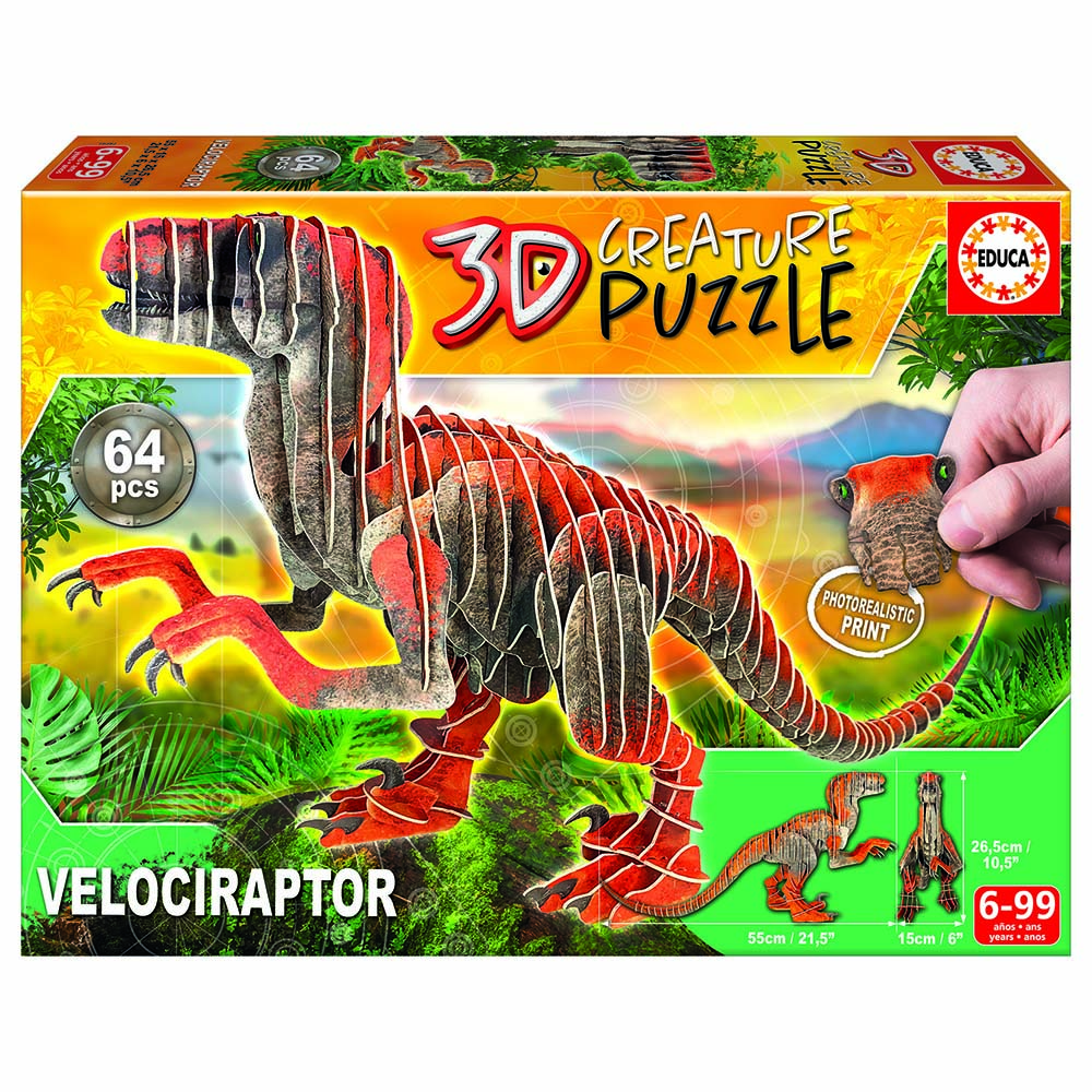 Educa Borras - 3D Creature Puzzle - Velociraptor - 64 Pcs