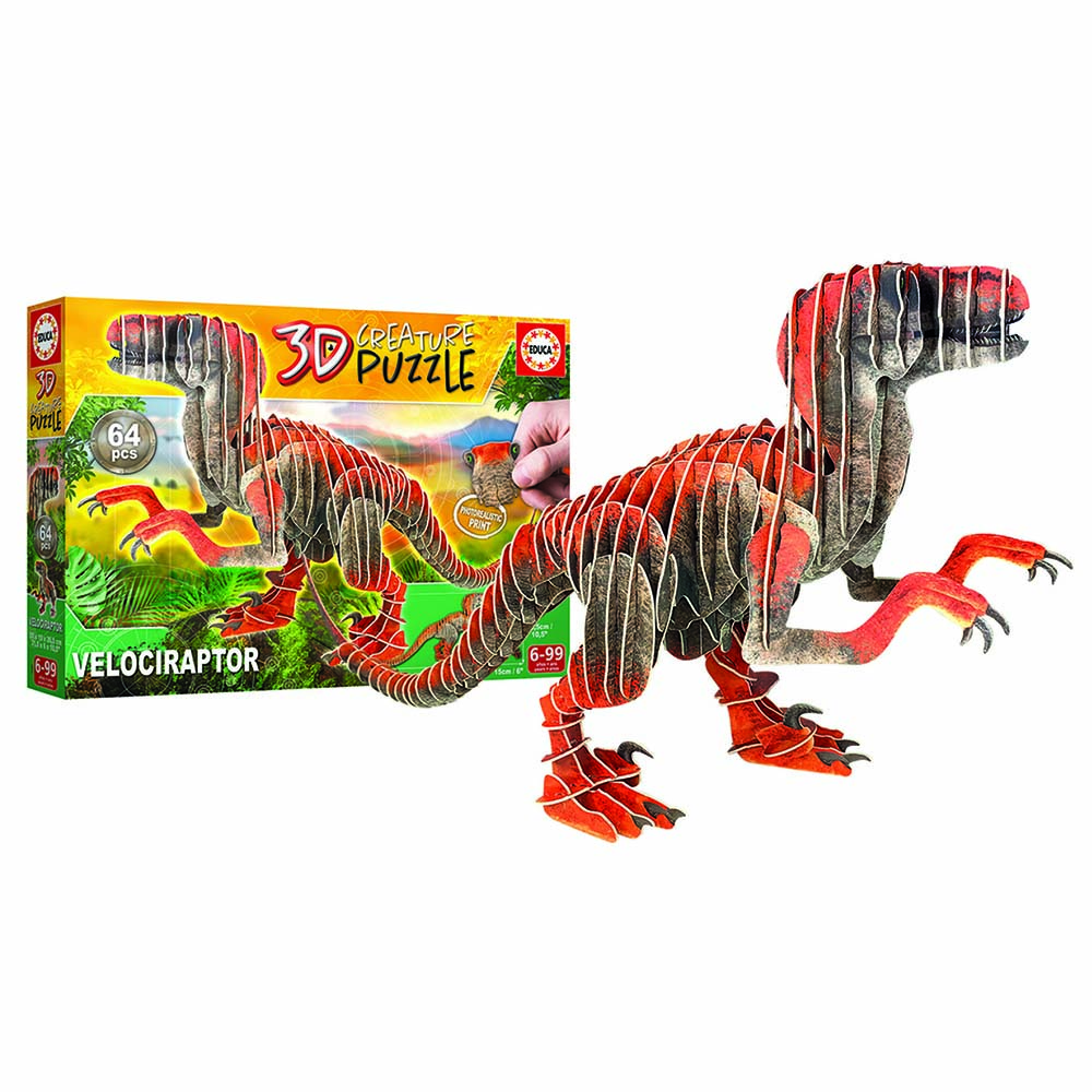 Educa Borras - 3D Creature Puzzle - Velociraptor - 64 Pcs