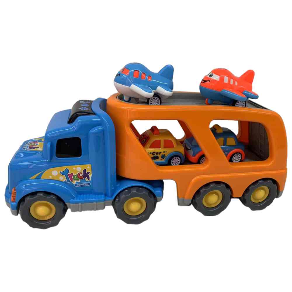 ليمي إنترناشيونال - شاحنة احتكاك ضوئية وصوتية مع مركبة سحب للخلف - أزرق/أصفر - 5 قطع