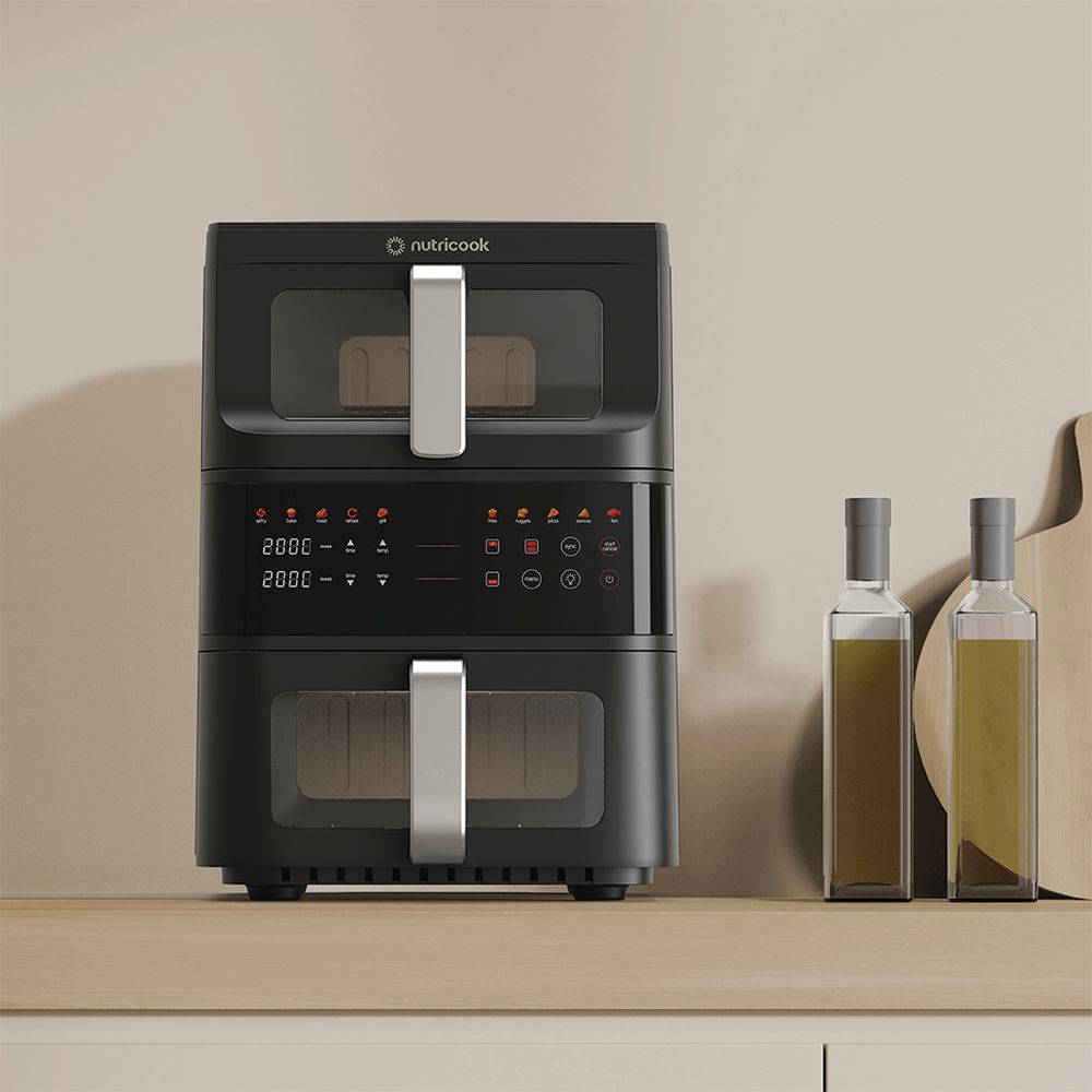 نيوتري كوك - مقلاة هوائية ديو ستاك بسلتين - أسود - 10 لتر