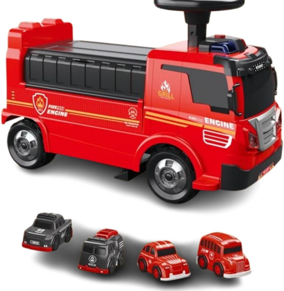 UKR - 2-In-1 Ride On Car Fire Truck 4 Mini Cars - Red