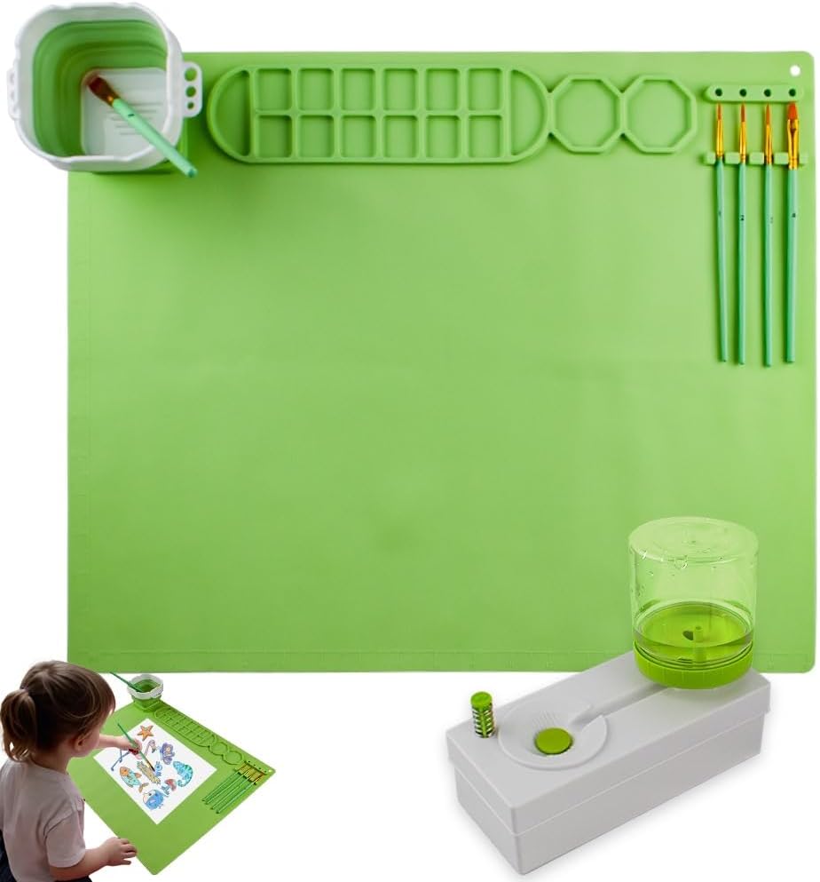 UKR - Silicone Painting Mat With Foldable Cup & Paintbrushes - Green