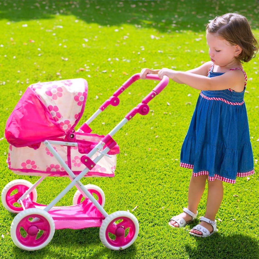 يو كي ار - عربة أطفال للدمى مع مظلة - وردي