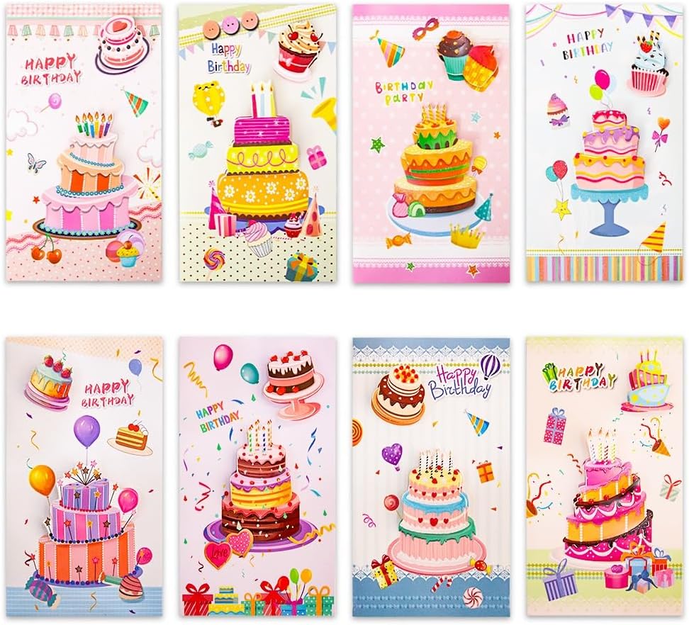 UKR - 8-pack 3d Happy Birthday Greeting Cards Large 9-inch Pop-up Cards With Envelopes Colourful Birthday Party Cards (set-a)
