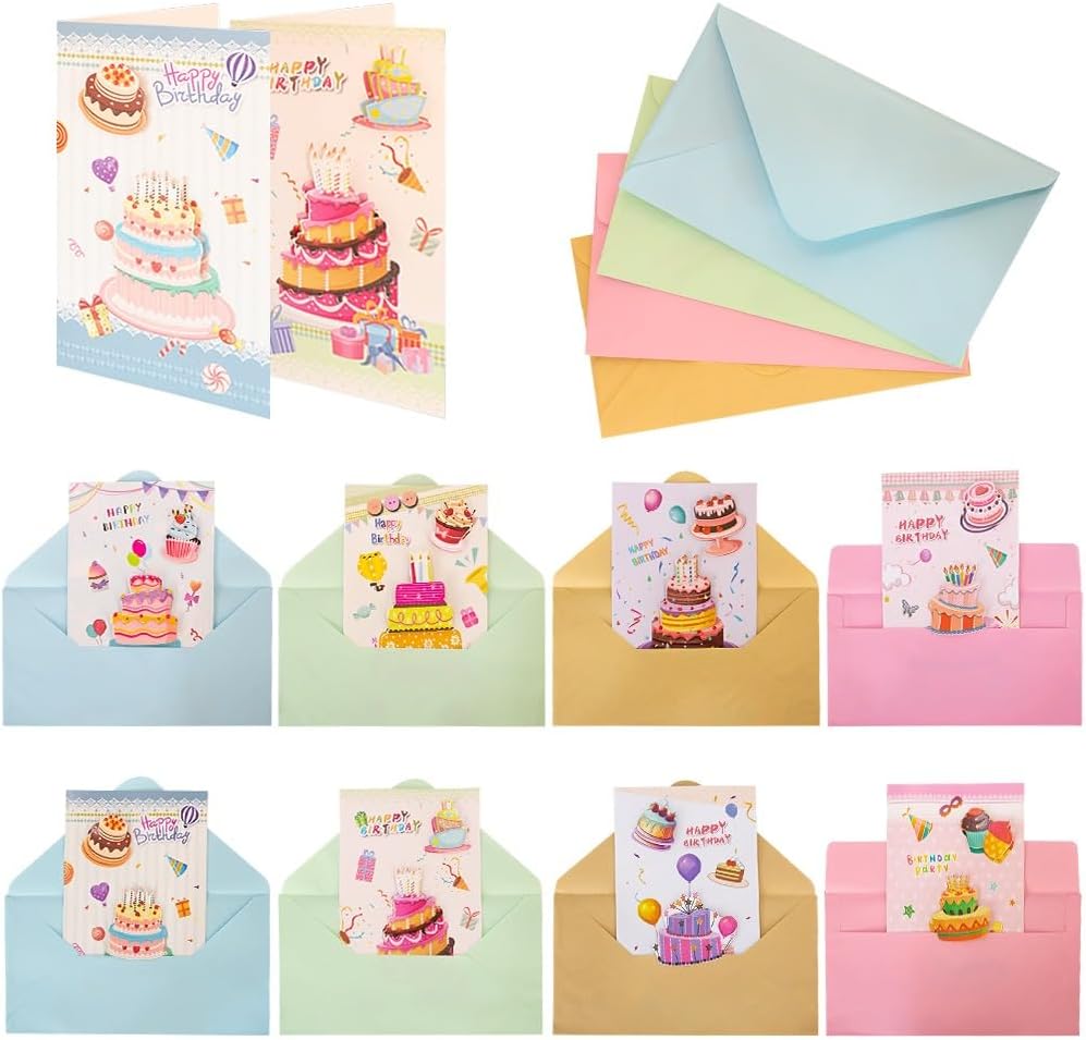 UKR - 8-pack 3d Happy Birthday Greeting Cards Large 9-inch Pop-up Cards With Envelopes Colourful Birthday Party Cards (set-a)