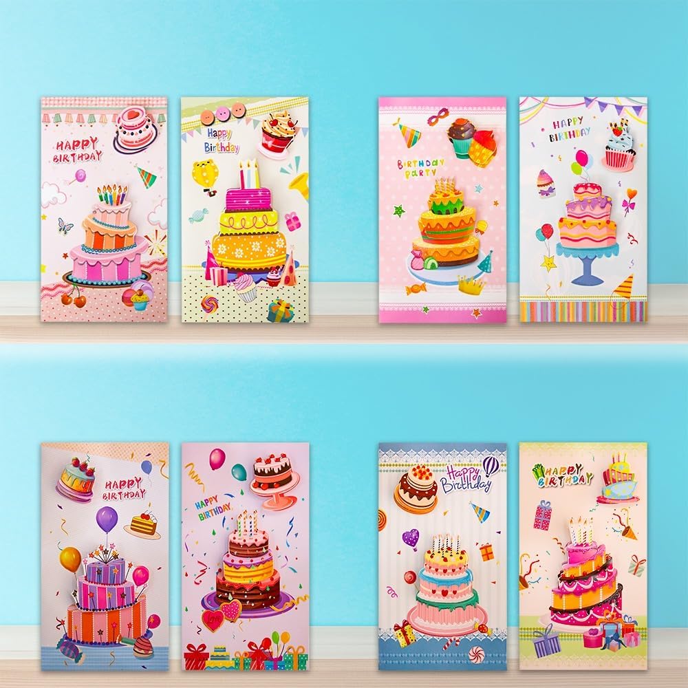 UKR - 8-pack 3d Happy Birthday Greeting Cards Large 9-inch Pop-up Cards With Envelopes Colourful Birthday Party Cards (set-a)