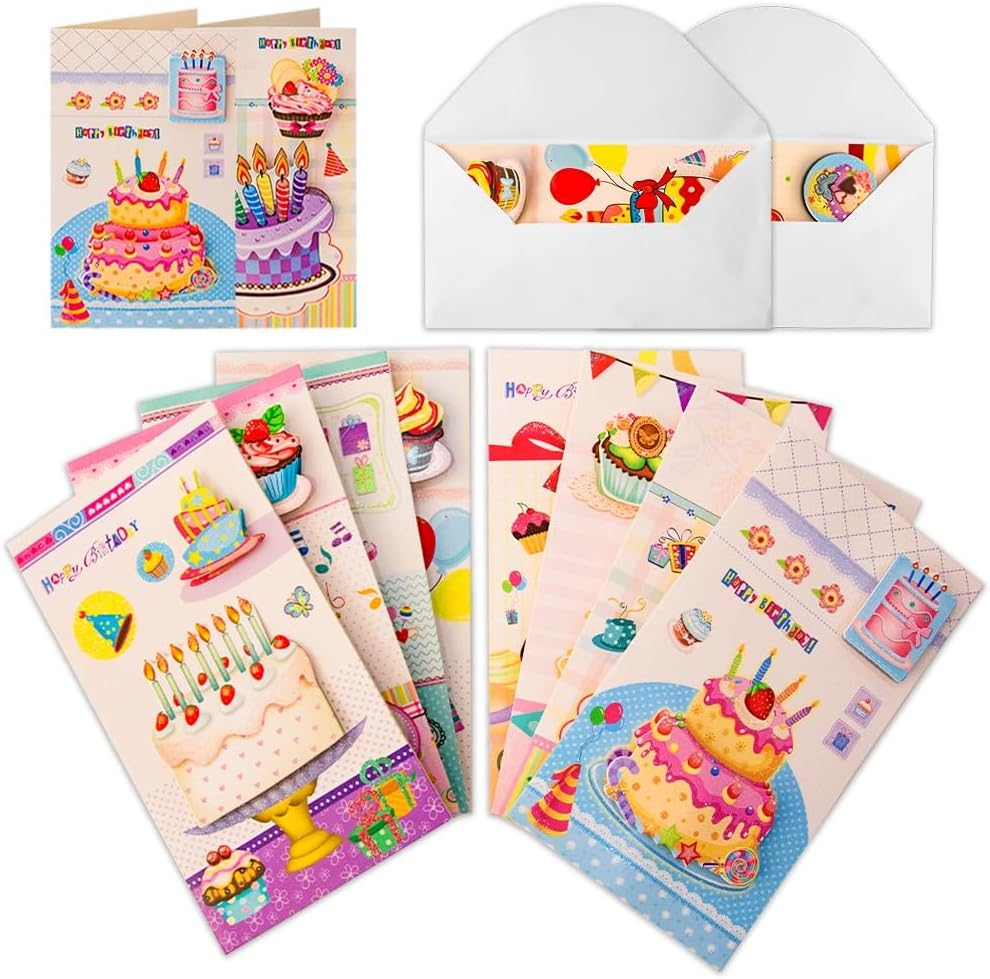 UKR - 8-pack 3d Happy Birthday Greeting Cards Large 9-inch Pop-up Cards With Envelopes Colourful Birthday Party Cards (set-b)
