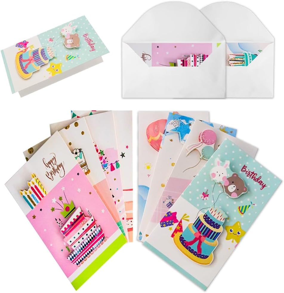 UKR - 8-pack 3d Happy Birthday Greeting Cards Large 9-inch Pop-up Cards With Envelopes Colourful Birthday Party Cards (set-d)