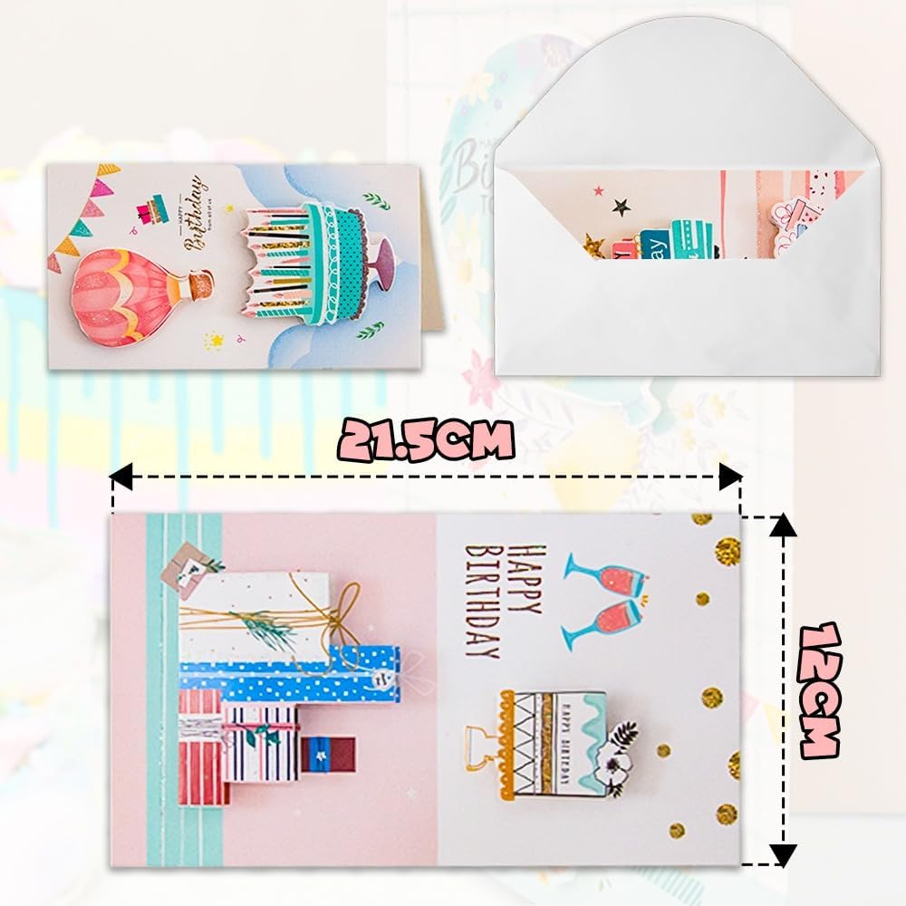 UKR - 8-pack 3d Happy Birthday Greeting Cards Large 9-inch Pop-up Cards With Envelopes Colourful Birthday Party Cards (set-d)