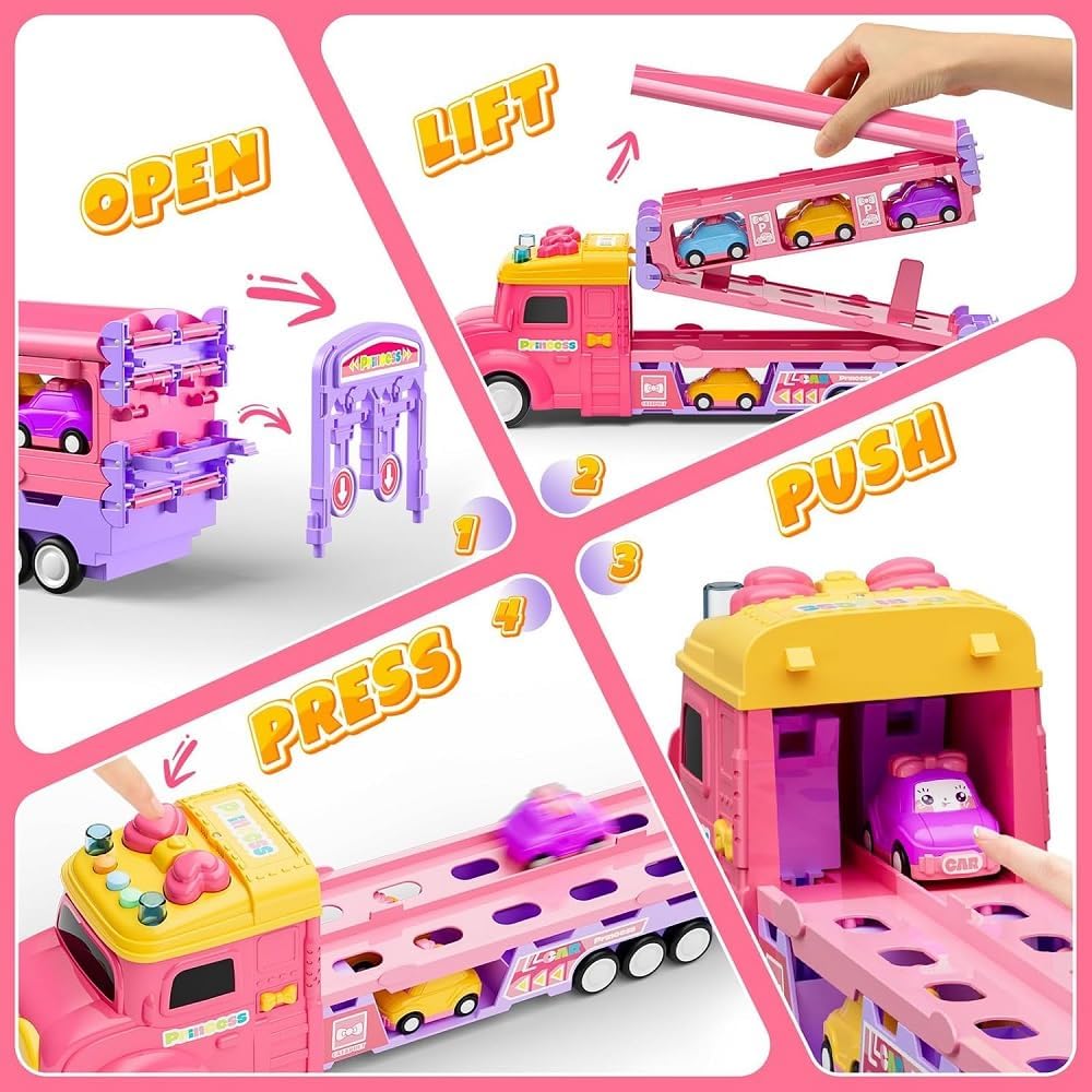 UKR - Princess Transformer Transport Toy Truck With 6 Mini Cars - Pink