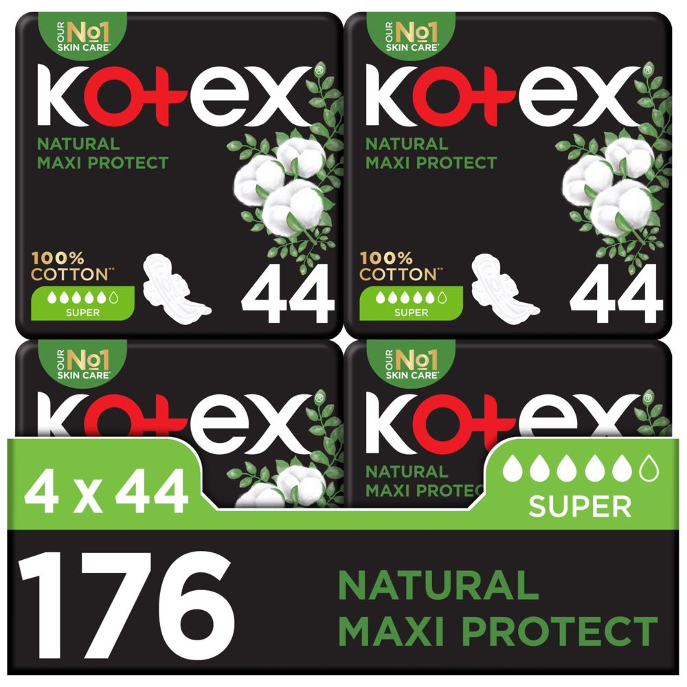 Kotex - Natural Maxi Protect Sanitary Pads With Wings - Super - Pack of 4 - 176pcs