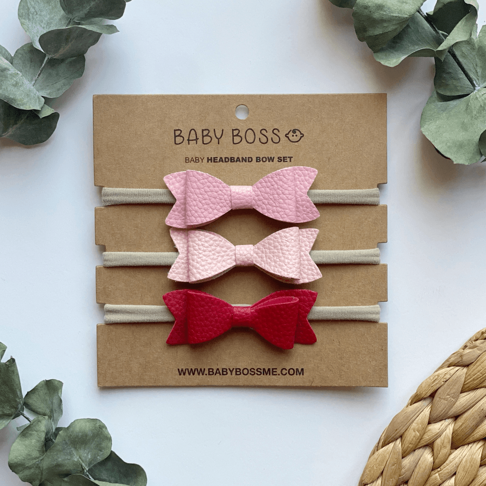 Baby Boss - Baby Headband Bow Set - Pink/Beige/Red - 3 Pcs
