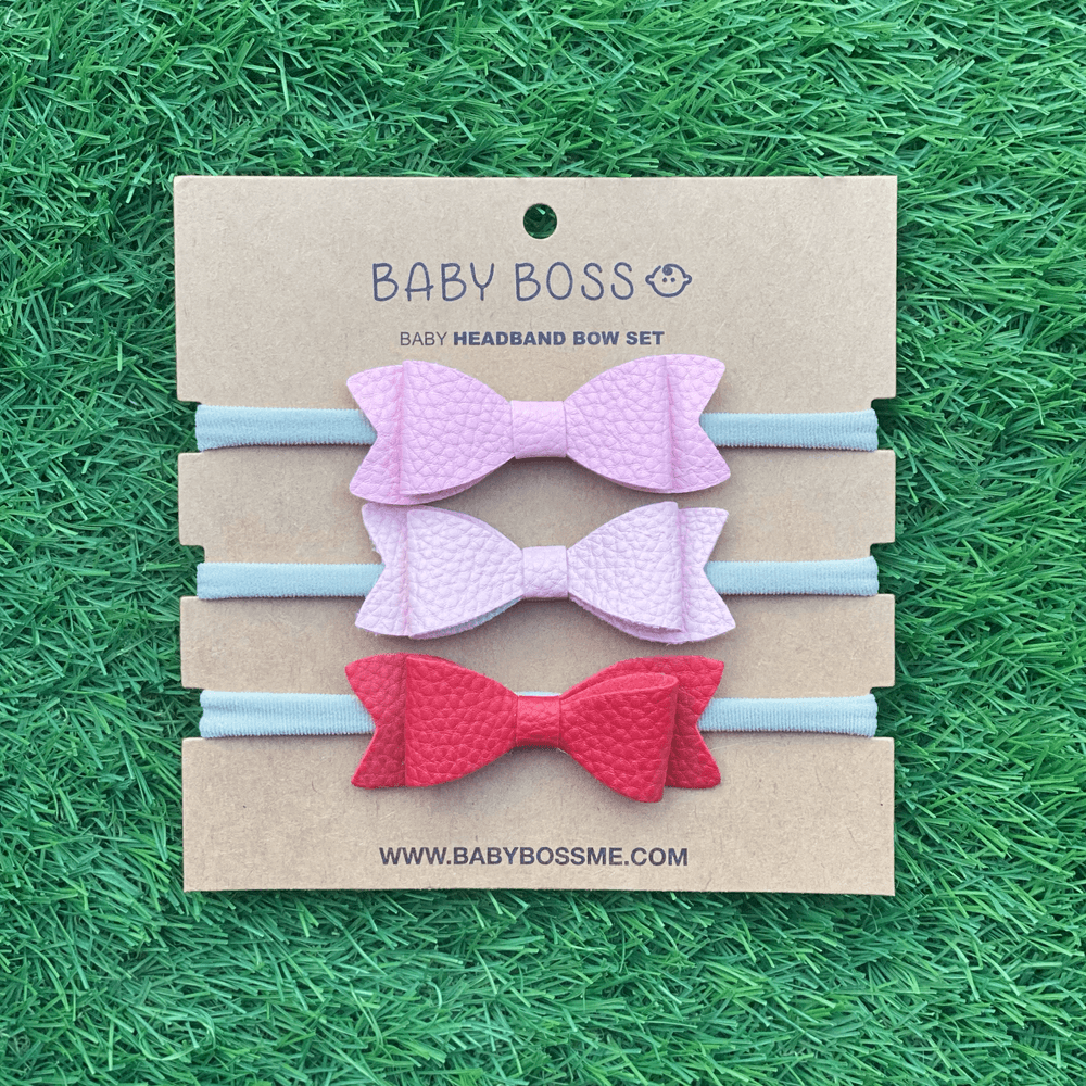 Baby Boss - Baby Headband Bow Set - Pink/Beige/Red - 3 Pcs