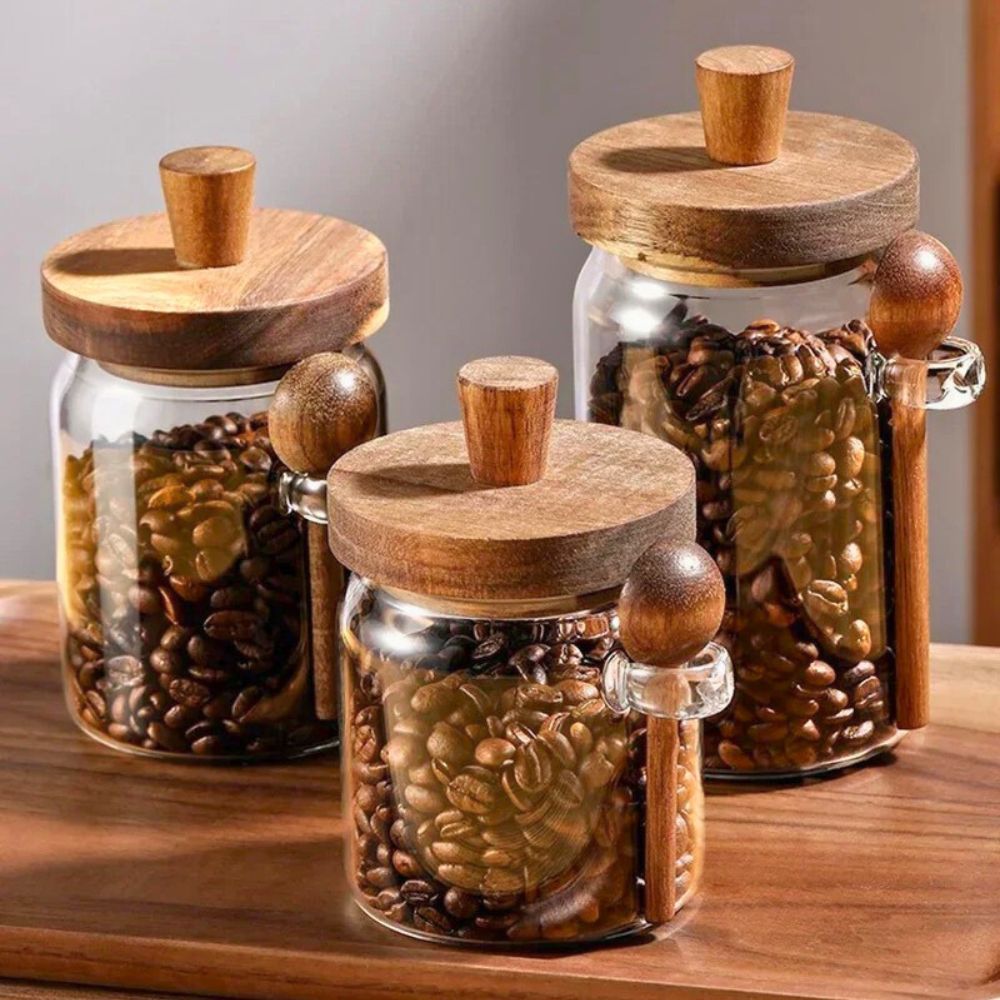 1Chase - Glass Storage Jar With Acacia Wooden Lid And Spoon – Airtight Food Container For Coffee And Tea – 400ml - 600ml - 800ml