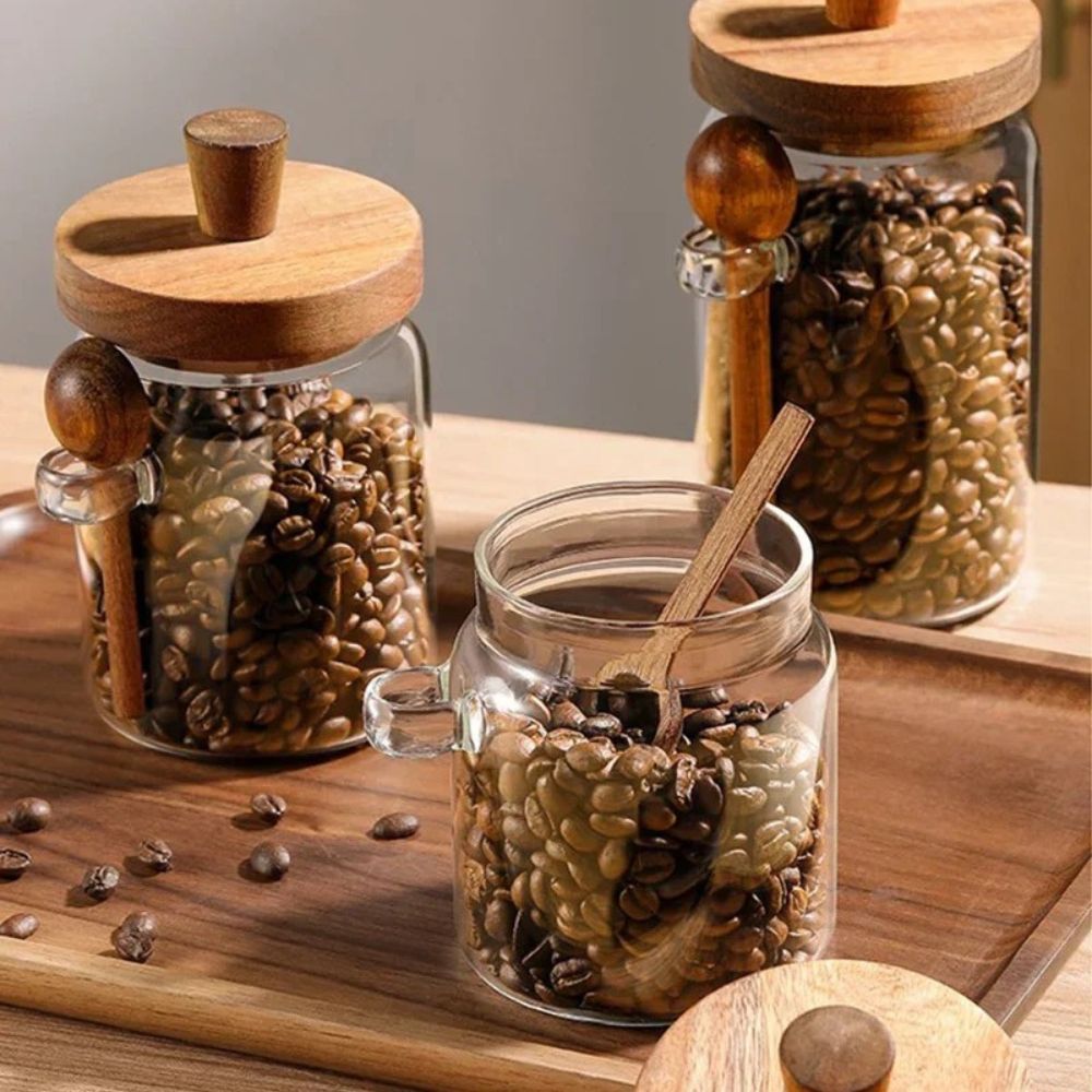 1Chase - Glass Storage Jar With Acacia Wooden Lid And Spoon – Airtight Food Container For Coffee And Tea – 400ml - 600ml - 800ml