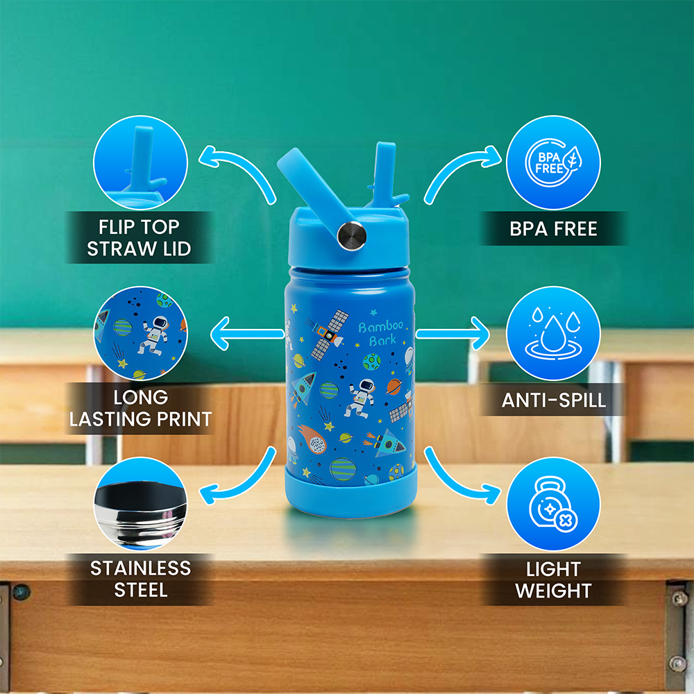 Bamboo Bark - Astrospace Insulated Water Bottle With Straw & Handle - Blue - 350 ml