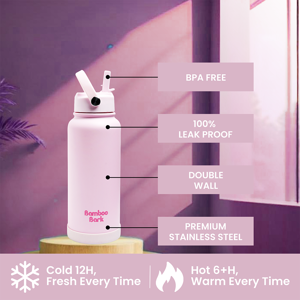 Bamboo Bark - Insulated Water Bottle With Sipper Lid - Blush Pink - 1000ml