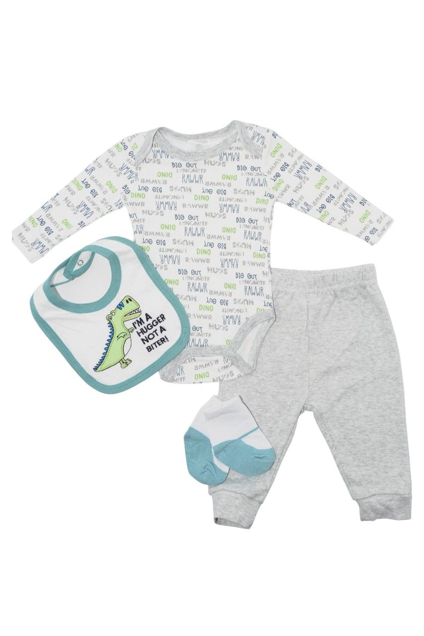 بامبيميسي - طقم من 4 قطع - بدلة جسم بأكمام طويلة بطبعة ديناصور مع بيجامة - رمادي